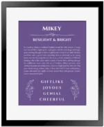 Mikey name meaning gift print in purple with black matte frame
