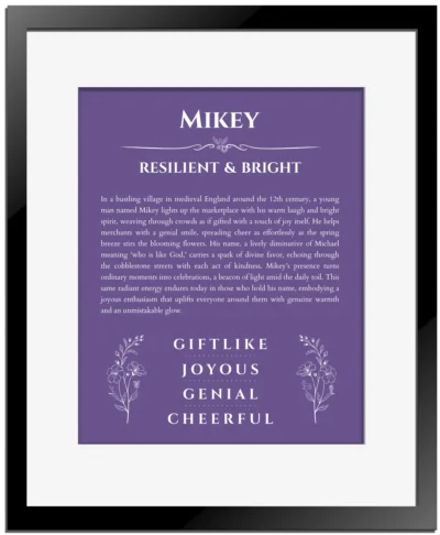 Mikey name meaning gift print in purple with black matte frame