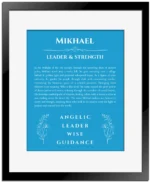 Mikhael personalized wall art with the story of your name in blue with black matte frame
