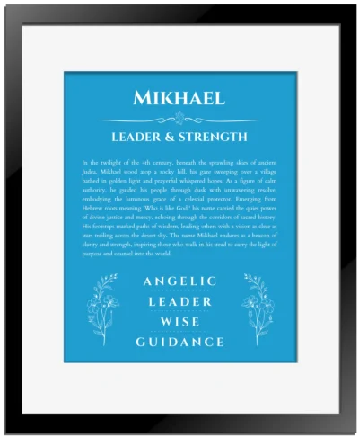 Mikhael personalized wall art with the story of your name in blue with black matte frame