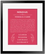 Mikhail personalized name print with origin and traits in red with black matte frame
