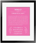 Miklo custom name meaning print in pink with black matte frame