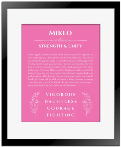 Miklo custom name meaning print in pink with black matte frame