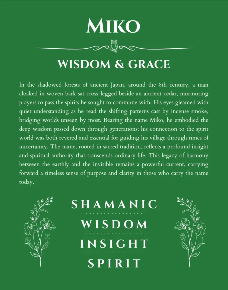 Miko personalized name art with origin story in dark green