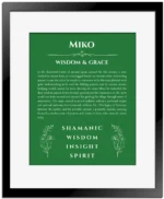 Miko personalized name art with origin story in dark green with black matte frame