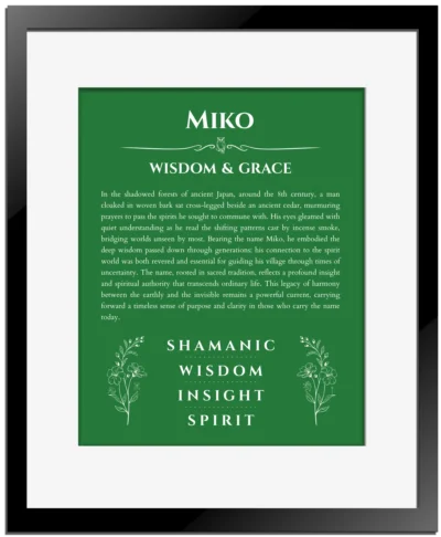 Miko personalized name art with origin story in dark green with black matte frame