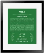 Mila custom name print for wall display in dark green with black matte frame