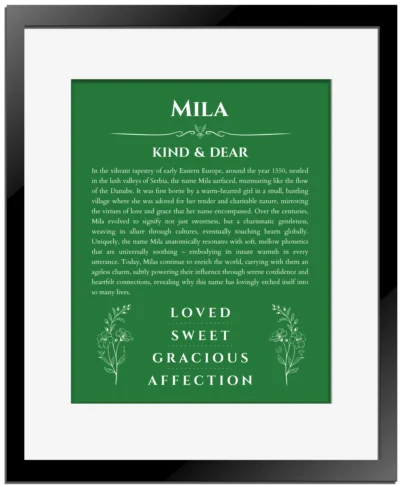 Mila custom name print for wall display in dark green with black matte frame