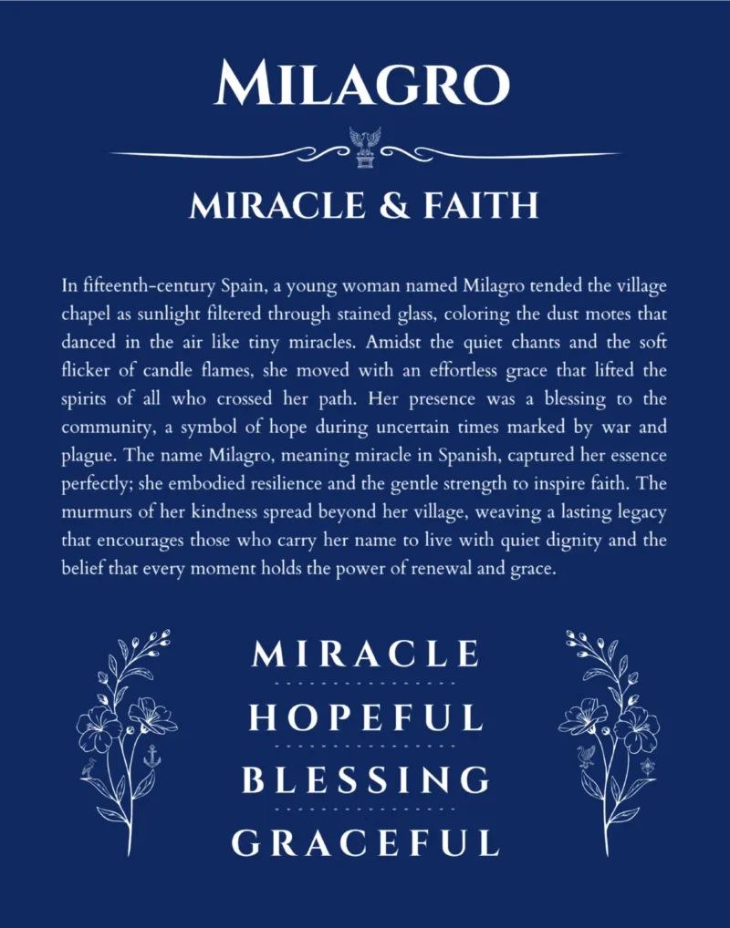 Milagro name meaning gift print in deep blue