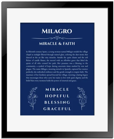 Milagro name meaning gift print in deep blue with black matte frame
