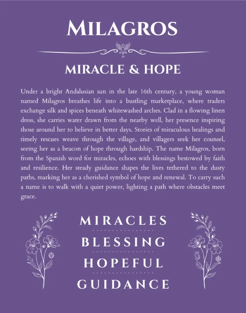 Milagros personalized wall art with the story of your name in purple