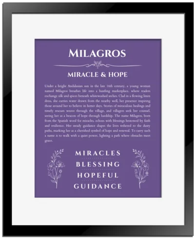 Milagros personalized wall art with the story of your name in purple with black matte frame