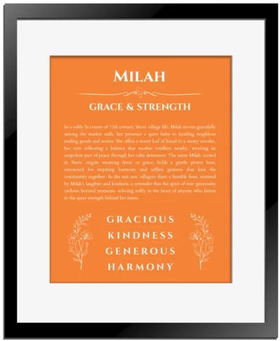 Milah custom name print for wall display in orange with black matte frame