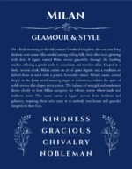 Milan name origin print with meaning and traits in deep blue