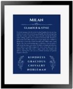 Milan name origin print with meaning and traits in deep blue with black matte frame