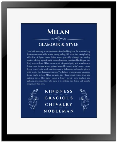 Milan name origin print with meaning and traits in deep blue with black matte frame