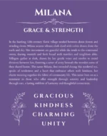 Milana personalized name print with origin and traits in purple