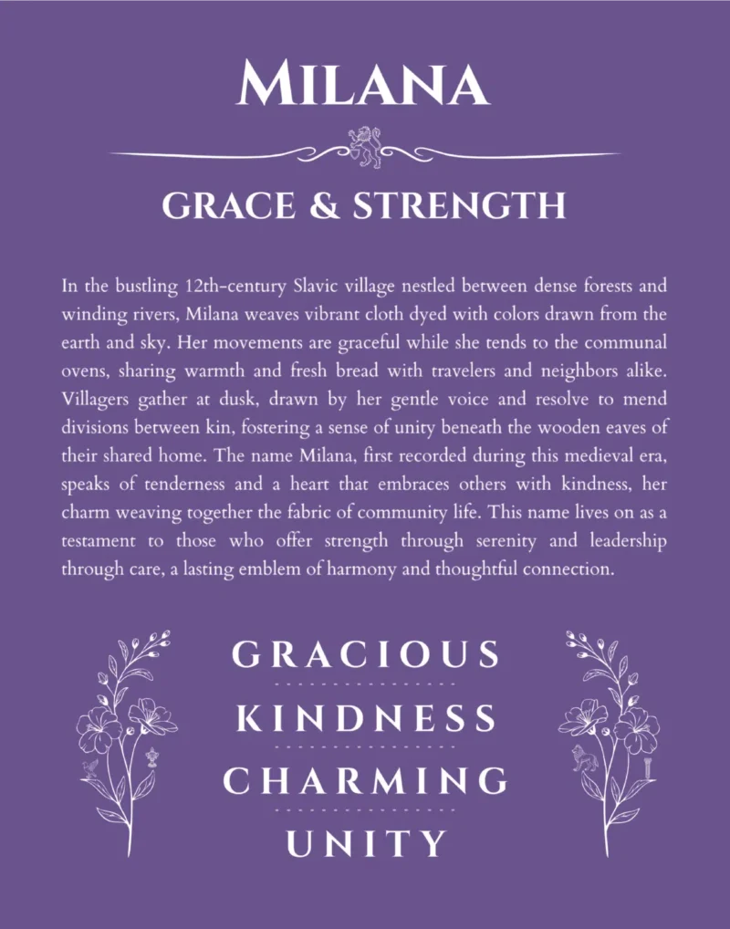 Milana personalized name print with origin and traits in purple
