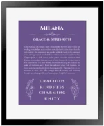Milana personalized name print with origin and traits in purple with black matte frame