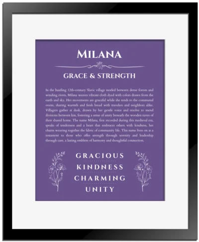 Milana personalized name print with origin and traits in purple with black matte frame