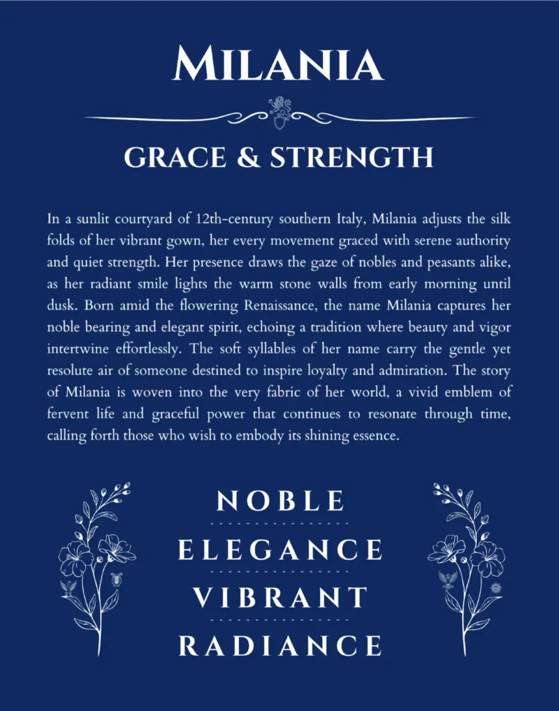 Milania personalized name print with origin and traits in deep blue