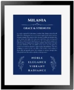 Milania personalized name print with origin and traits in deep blue with black matte frame