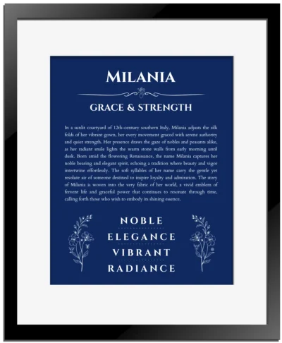 Milania personalized name print with origin and traits in deep blue with black matte frame
