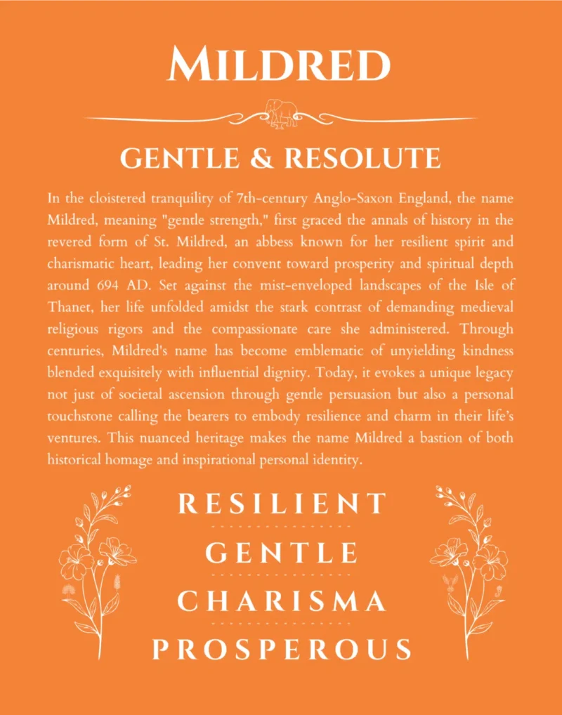 Mildred personalized name art with origin story in orange