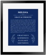 Milena personalized name art with origin story in deep blue with black matte frame