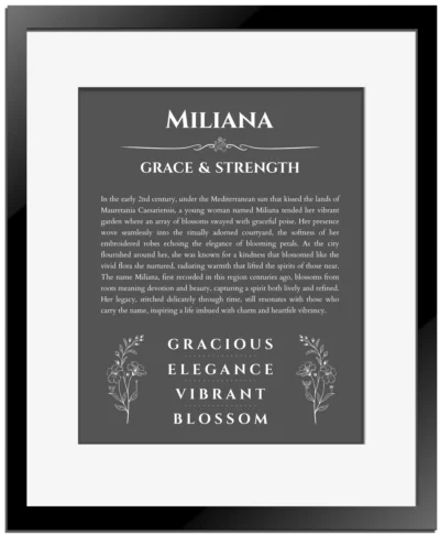 Miliana personalized name print with origin and traits in gray with black matte frame