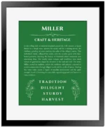Miller personalized name print with origin and traits in dark green with black matte frame