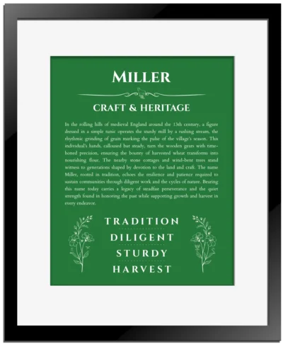 Miller personalized name print with origin and traits in dark green with black matte frame