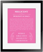 Millicent personalized name art with origin story in pink with black matte frame