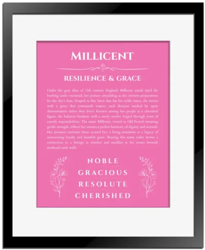 Millicent personalized name art with origin story in pink with black matte frame