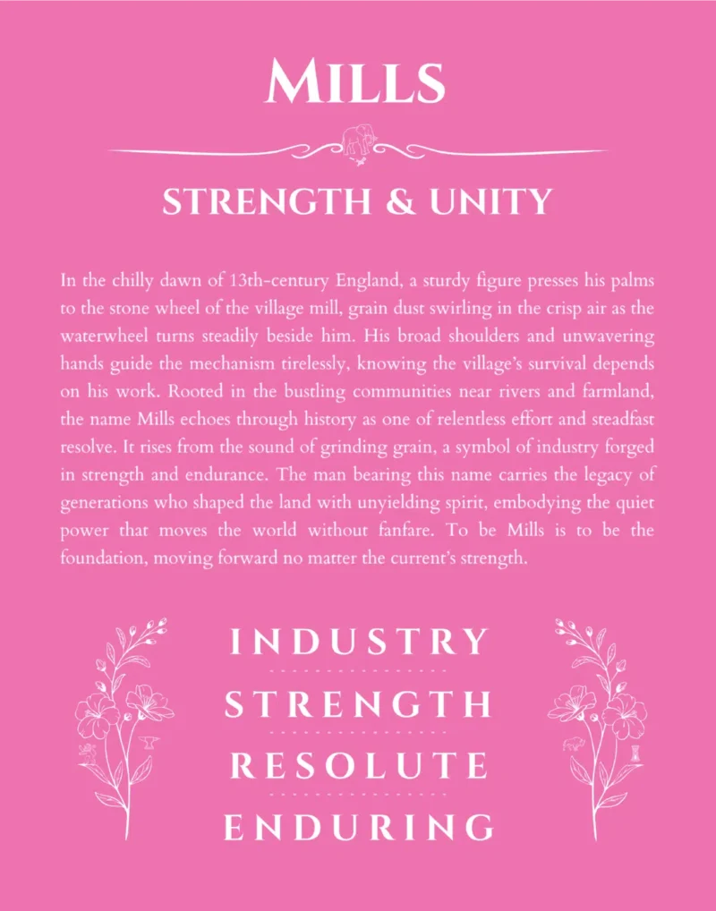 Mills name meaning wall art by Get Your Story in pink
