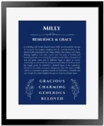 Milly custom name meaning print in deep blue with black matte frame