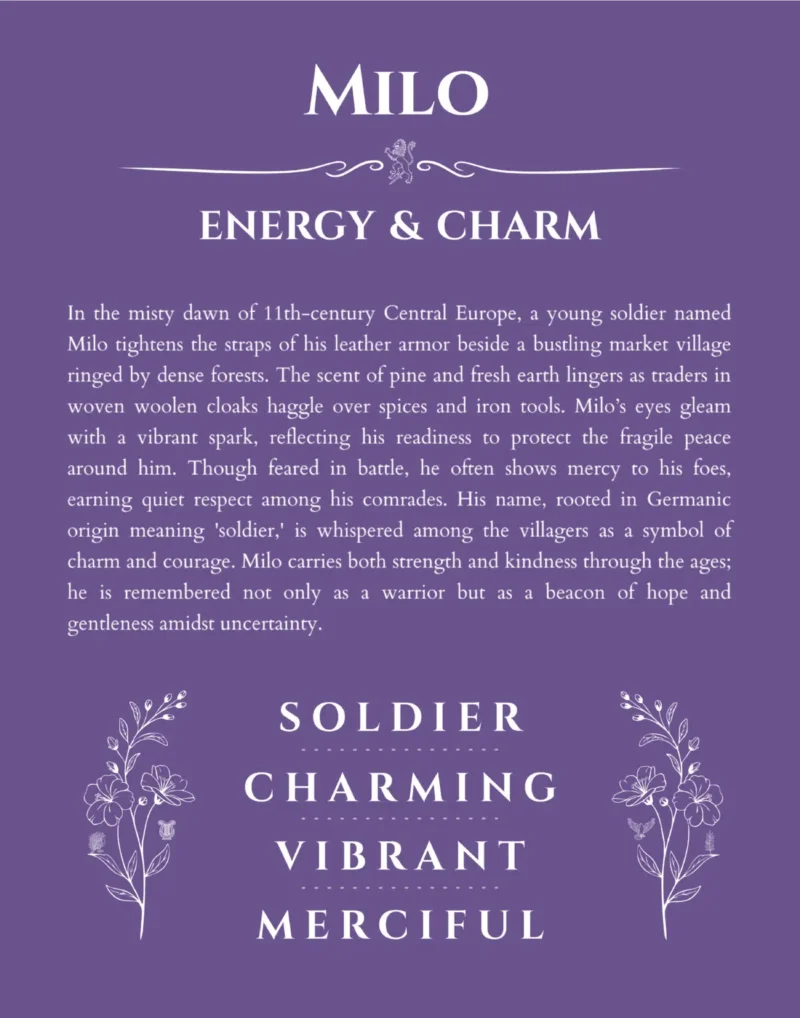 Milo personalized name print with origin and traits in purple
