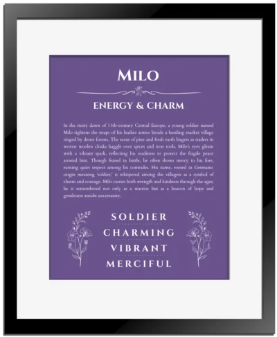 Milo personalized name print with origin and traits in purple with black matte frame