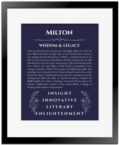 Milton personalized wall art with the story of your name in navy blue with black matte frame