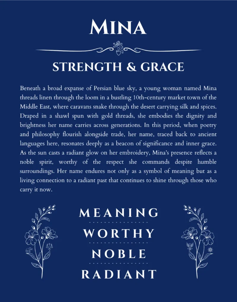 Mina personalized wall art with the story of your name in deep blue