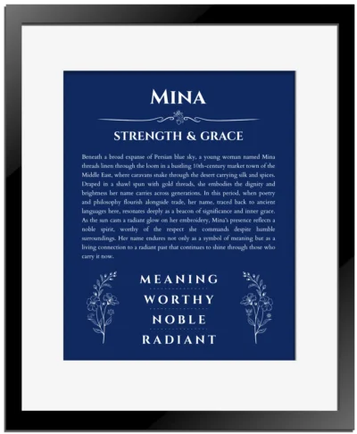 Mina personalized wall art with the story of your name in deep blue with black matte frame