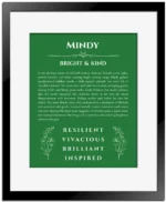 Mindy custom name meaning print in dark green with black matte frame