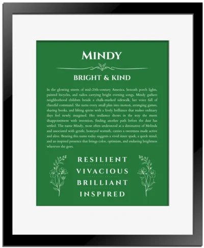 Mindy custom name meaning print in dark green with black matte frame