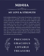 Minha custom name art showing meaning and origin in navy blue