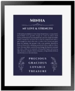 Minha custom name art showing meaning and origin in navy blue with black matte frame