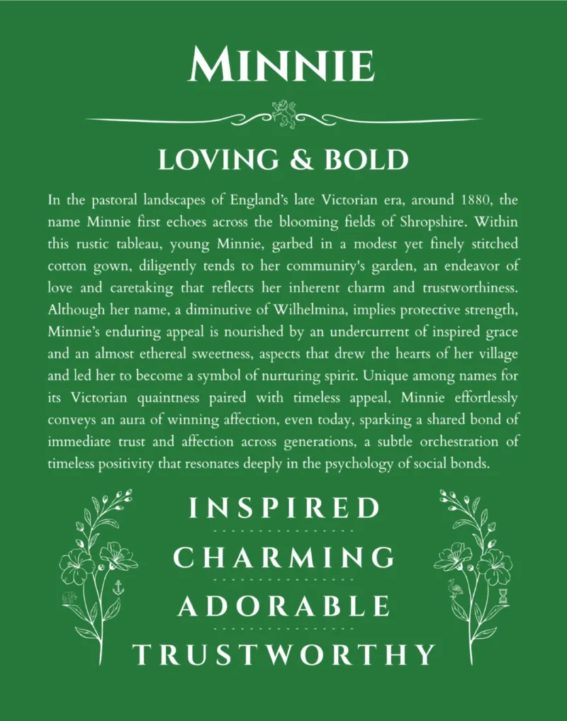 Minnie custom name art showing meaning and origin in dark green