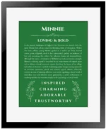Minnie custom name art showing meaning and origin in dark green with black matte frame
