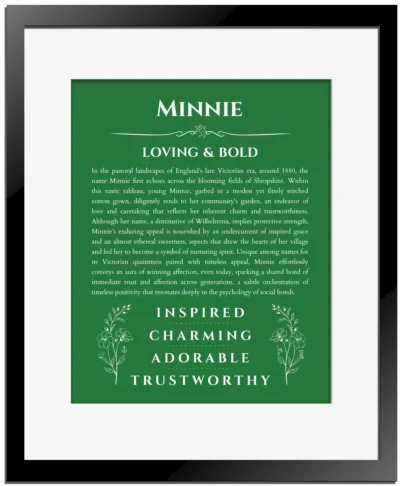 Minnie custom name art showing meaning and origin in dark green with black matte frame