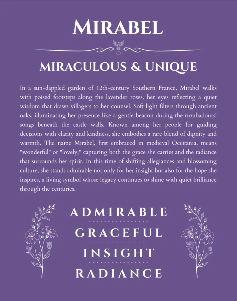 Mirabel custom name art showing meaning and origin in purple