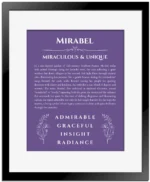 Mirabel custom name art showing meaning and origin in purple with black matte frame